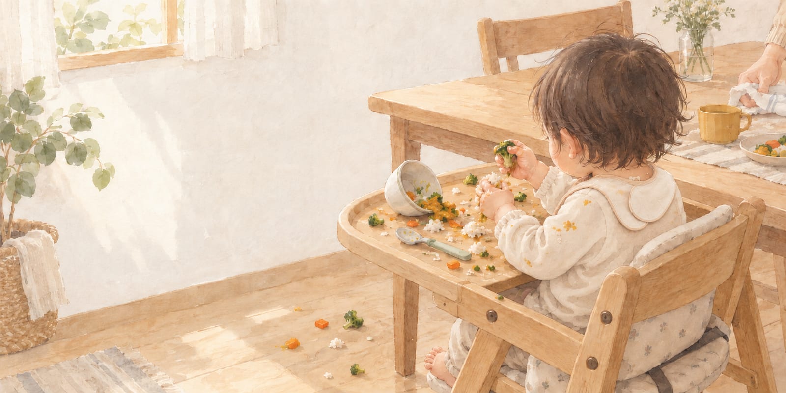 ハイチェアで手づかみ食べをする赤ちゃん
