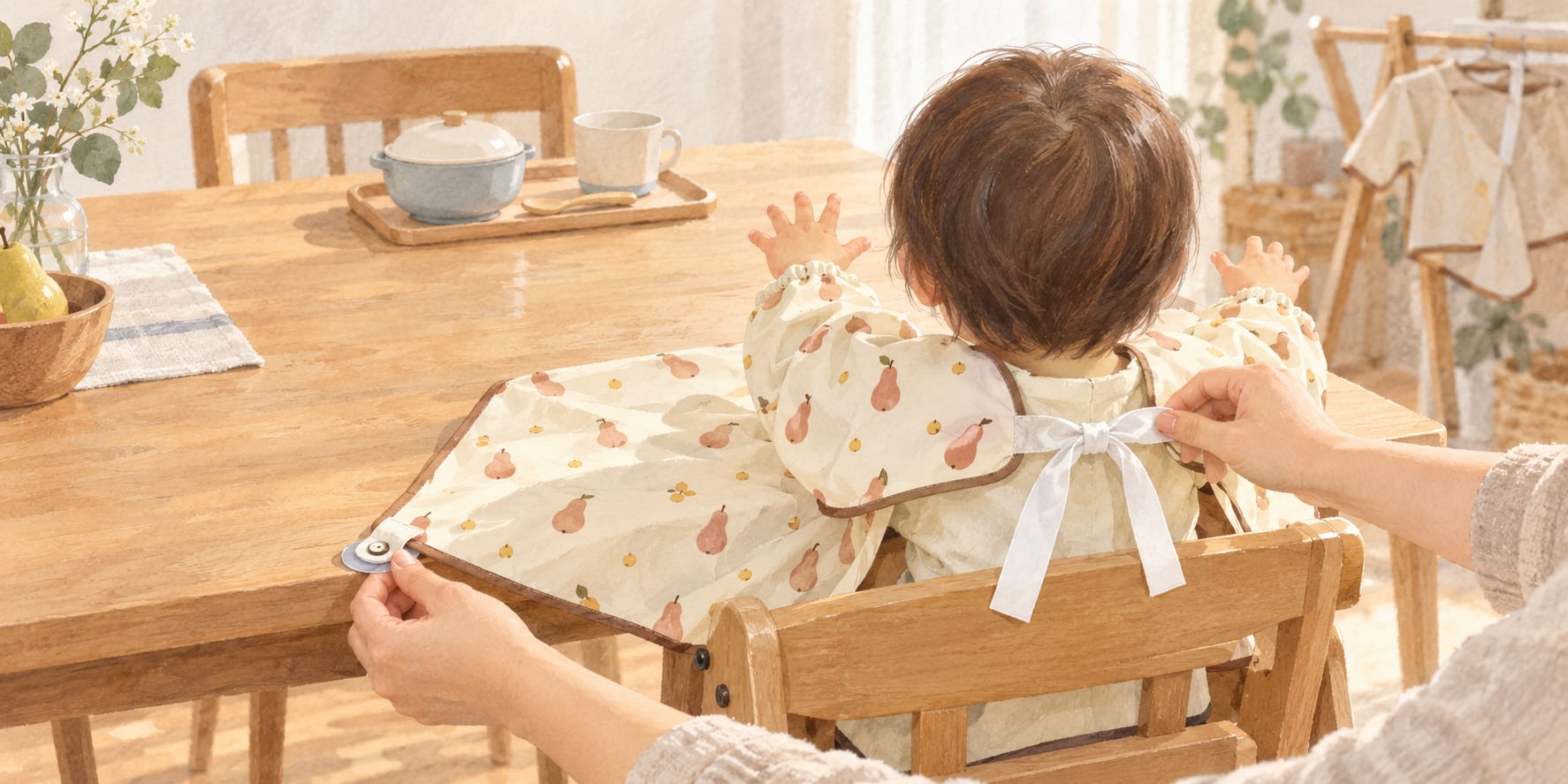 テーブルに固定するタイプの手づかみ食べ対応エプロン